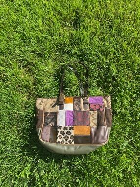 Vintage Coach Holiday Multicolor Patchwork Tote with Purple and Tan Accents